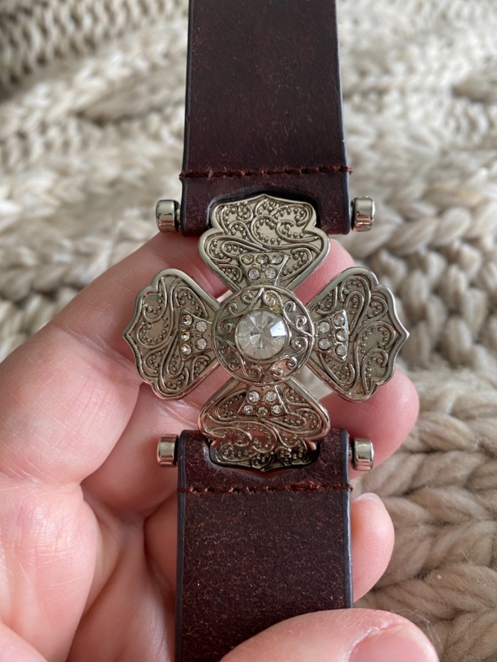 Lucky Brand Brown Leather Bracelet with Decorative Silver Cross Accent